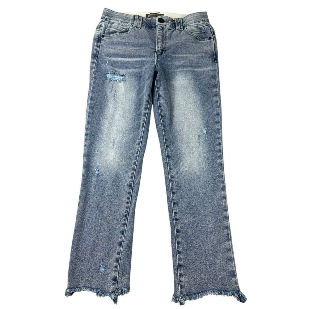 Democracy Ab Technology Jeans Womens SZ 8 Blue Denim Distressed Straight Raw Hem